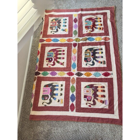 Vintage Handmade Indian Kantha quilt king size Elephant Patchwork Boho Bedspread - Picture 2 of 15